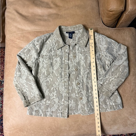 Denim & Co. Khaki Green Floral Jean Jacket Women’s Size Size Large - Picture 2 of 7